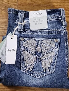 MISS ME 23x30 NEW Mid Rise Slim Wide  GIRLS WOMENS DENIM ANGEL WING JEANS 😇